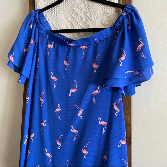 NWOT 19 Cooper blue & pink flamingo print short sleeve dress - Picture 2 of 4